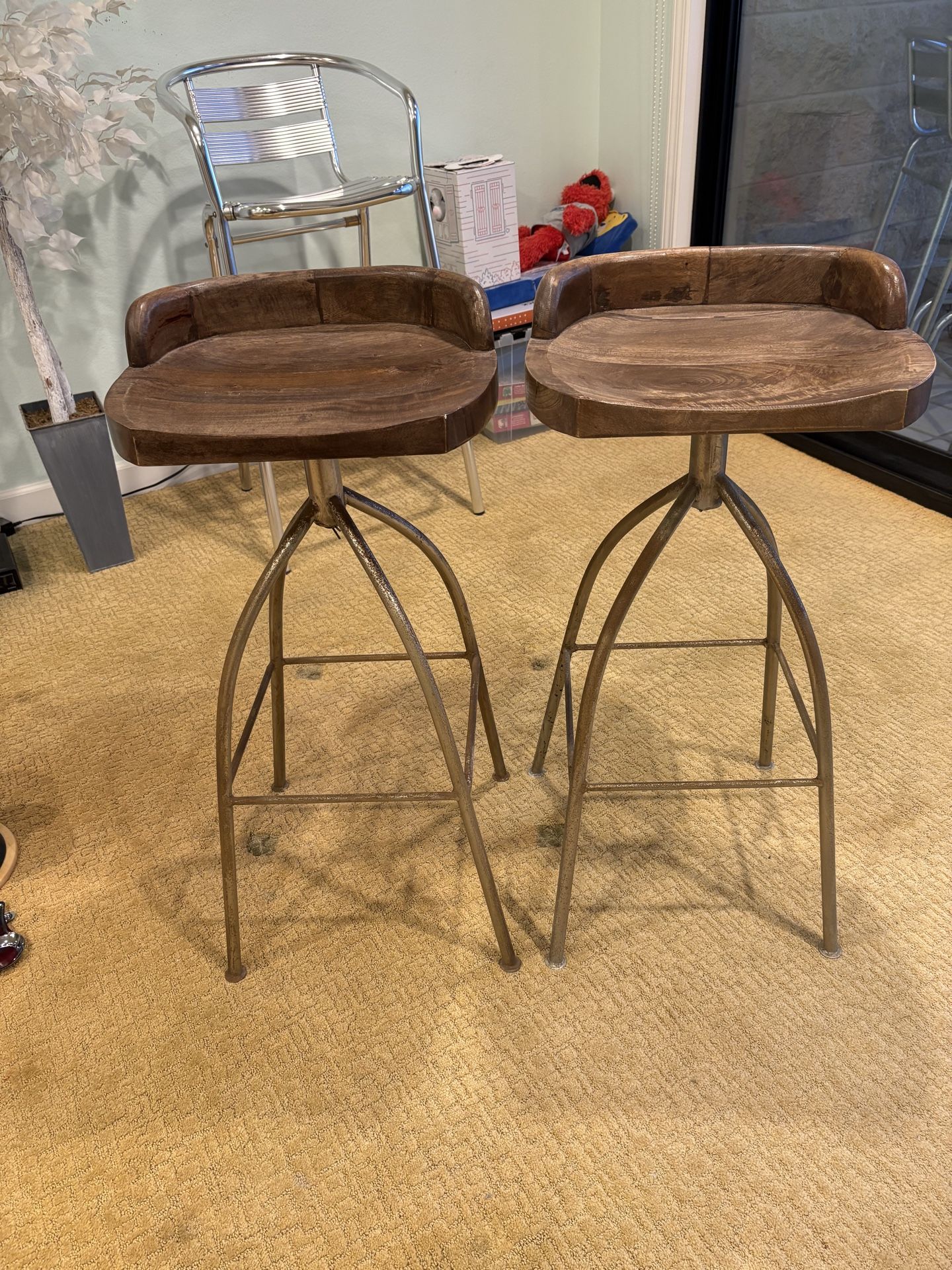 2 Rustic Swivel Stools Wooden Seats