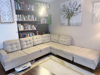 Beautiful Cream L-Shaped Sectional Sofa with Ottoman – Washable Covers