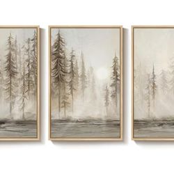 Framed Neutral Wall Art for Living Room, Large 3 Piece Abstract Pastel Grunge Forest Landscape Tree Canvas  24x36