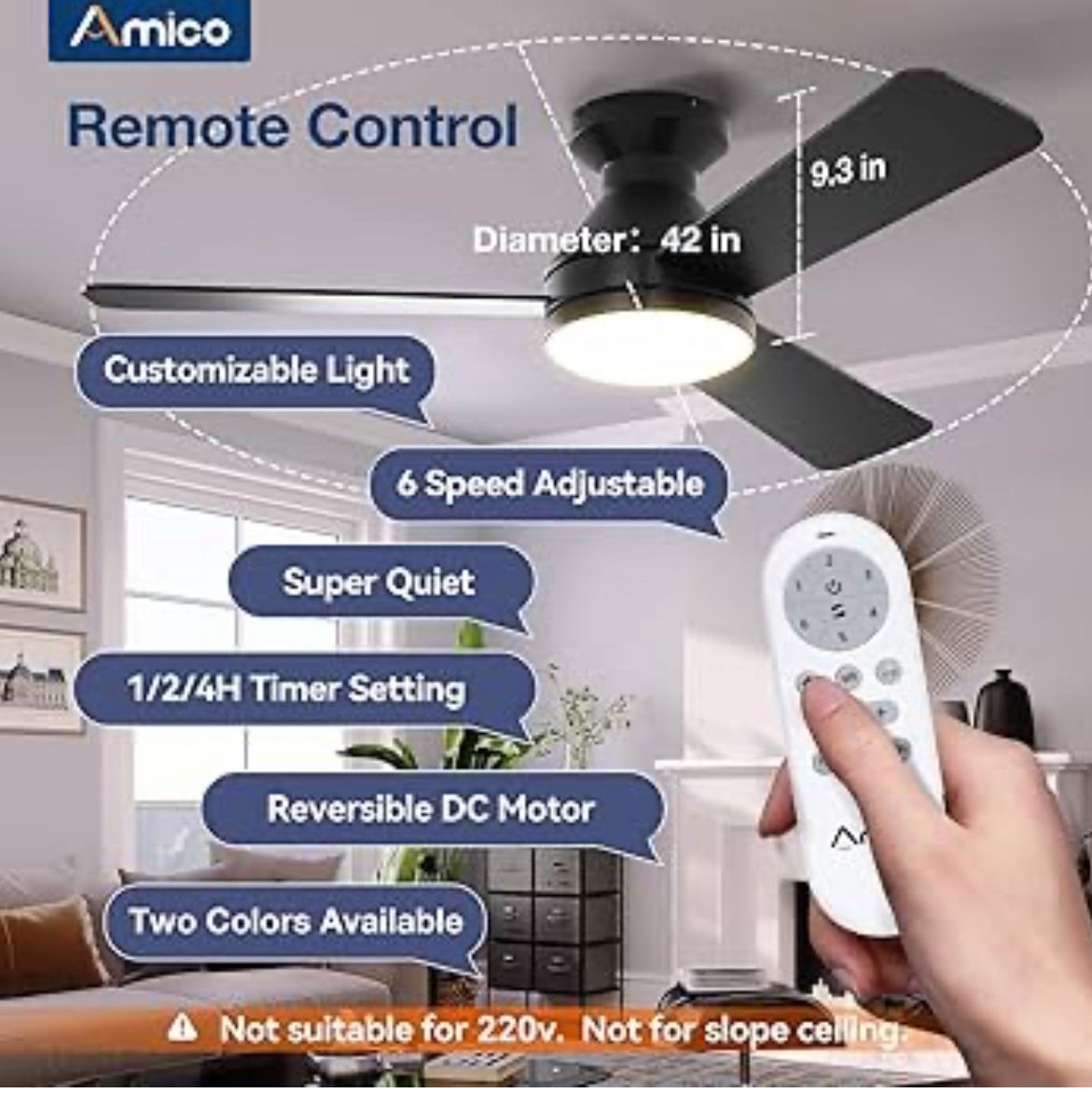 42\" Modern Flush Mount Ceiling Fan With Lights - Quiet DC Motor For Indoor/Outdoor Use