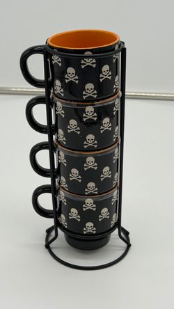 Halloween Skull and Crossbones Mug Set with Metal Stand
