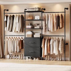 T2 Wall Mounted Industrial Pipe Clothing Rack, Closet Organizers and Storage System with 2 Drawers, 6 Wooden Shelves & 4 Expandable Rods, Heavy Duty G