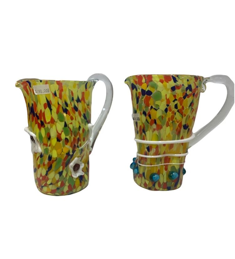 Vintage 2pc RARE Murano Design Venezia Blown Glass Pitchers Confetti Appliqué 3D