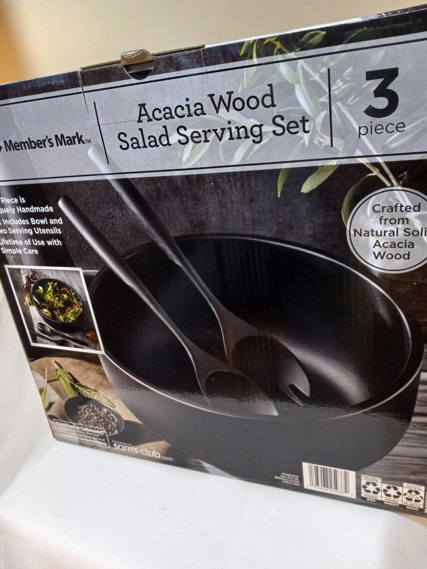 Members Mark Acacia Wood Three Piece Salad Bowl Set Black