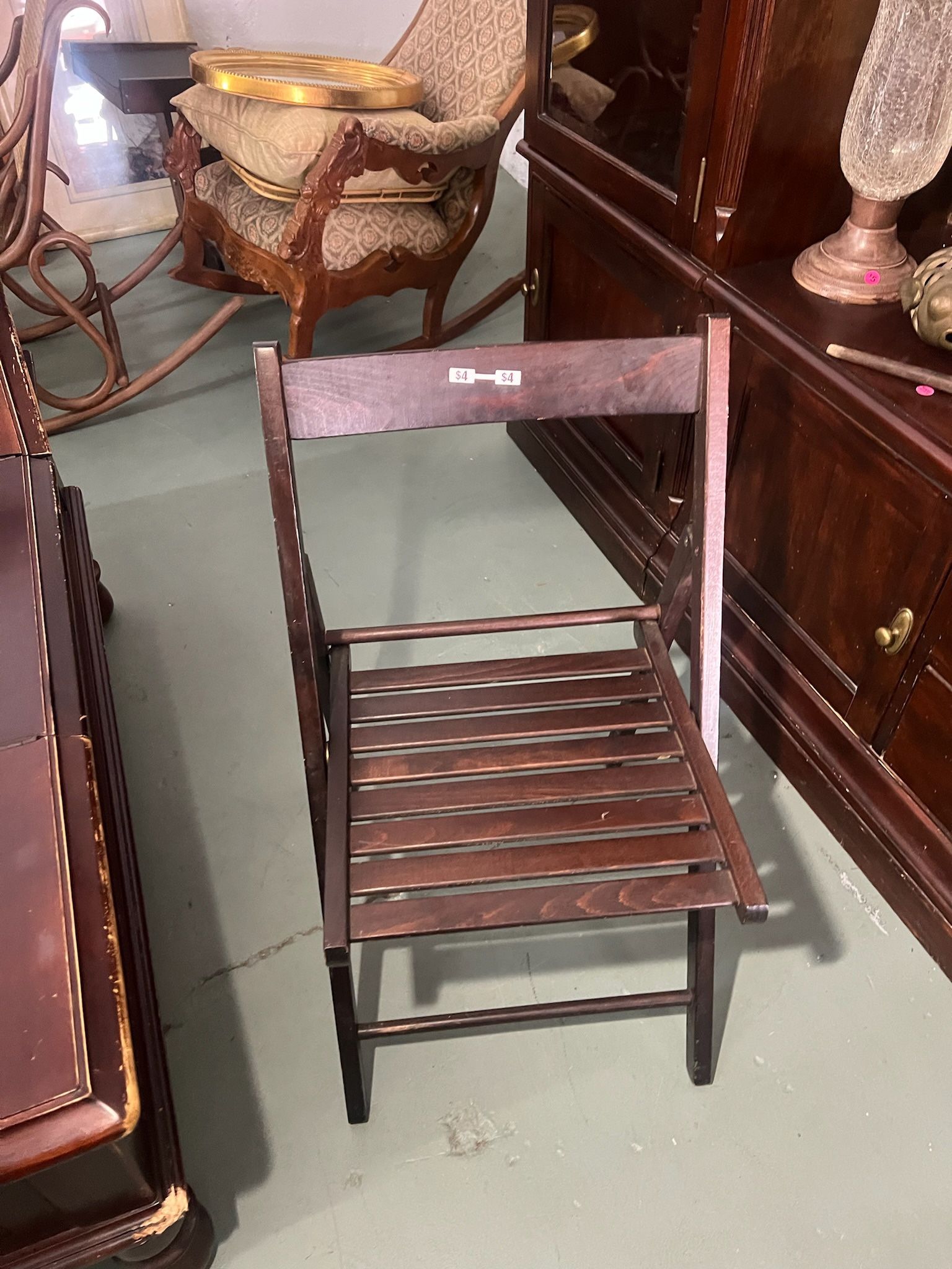 Vintage Slatted Wood Folding Chair Mid Century Wooden Curved Back & Bottom