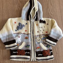 Otavalo Made in Ecuador Hand Knit Cardigan 100% Wool Baby 18M Animals Applique