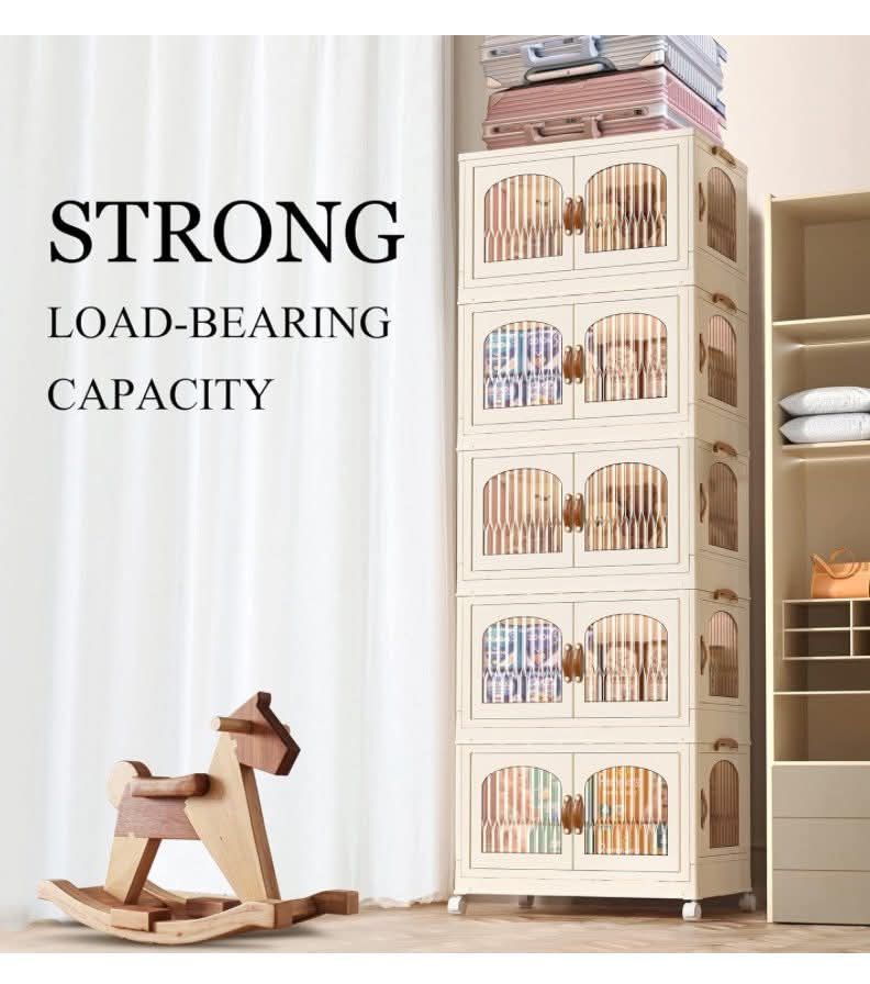 Stackable Storage Bins with 1 Lid Set 4 Tier,8.4 Gal Clear Plastic Folding Storage Box with Wheel and Door,Large Foldable Cabinet Collapsible Bin for 