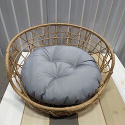 New Rattan Wicker Pet Bed Round Blue Cushion Small Dog Cat Dad Mom Gift Wipeaway