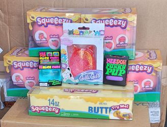 Sunny Days Squeeezy Butter and Peach, Squishmallows Gelli Gels, NeeDoh $10 each