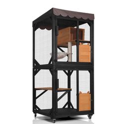 Aivituvin-AIR7014 Wooden Cat Catio with Wheels| Scratching Post|Roof Tarp