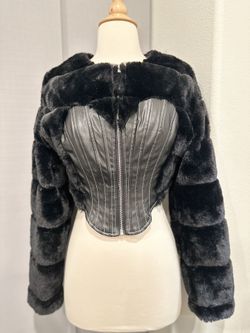 Black Faux Fur Cropped Jacket with Faux Leather Corset Front
