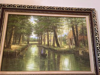 Framed Oil Painting Forest Canal Landscape