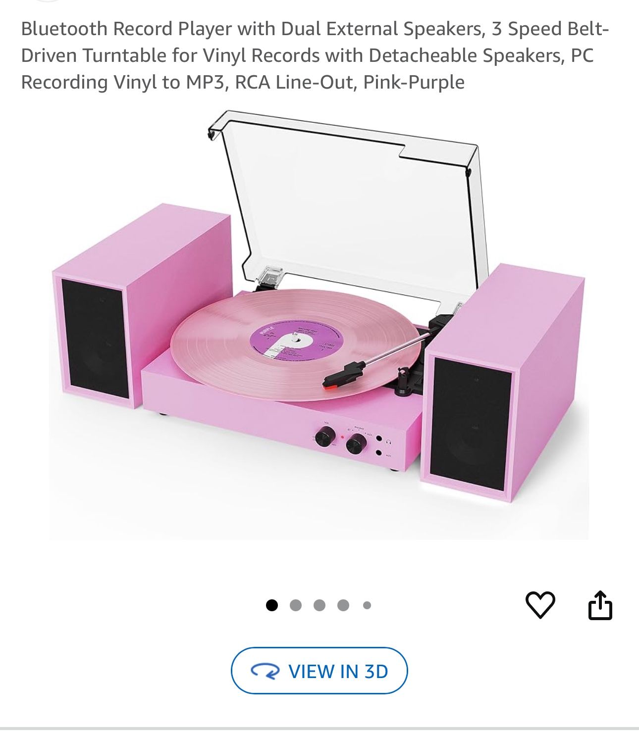 Vinyl Records with Detacheable Speakers. Bluetooth PC Recording Vinyl to MP3, RCA Line-Out, Pink