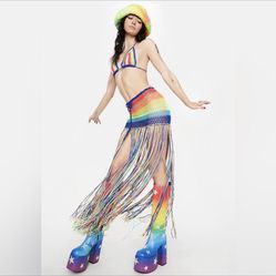 Rainbow colorful crochet two piece set fringe skirt bikini halter top festival