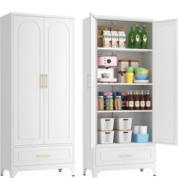 75" H White Kitchen Pantry Storage Cabinets with Drawers, Doors and Shelves