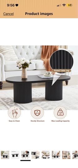 Small Fluted Coffee Table, Farmhouse Oval Wood Coffee Table,Black Mid Century Coffee Table with Fluted Legs, Wooden Center Table for Home, Office, Caf
