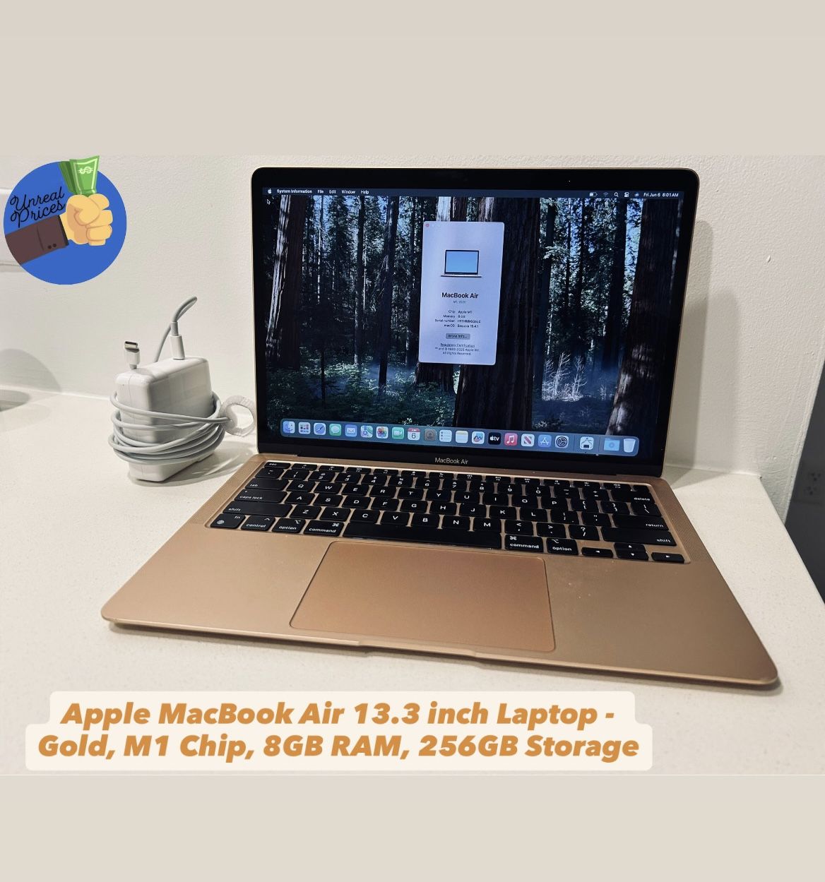 Apple MacBook Air 13.3 inch Laptop - Gold, M1 Chip, 8GB RAM, 256GB Storage w/ Charger