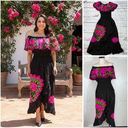 Mexican Embroidered Zinacantan Pink Flower Black Dress One Size Vestido 