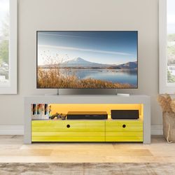 BIG SALE Mid Century Modern TV Stand LED Entertainment Center for TVs up to 55'' TV Cabinet Media Console Table 2 Drawer Storage Open Shelves