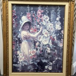 Vintage Framed And Signed Hamilton Hamilton “girl With Hollyhocks” Oil Painting Print On Canvas 