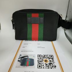 Authentic Gucci Cross Body Bag Green Red Techno Canvas Belt