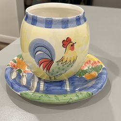 Yellow Rooster Ceramic Pot And Plate Set