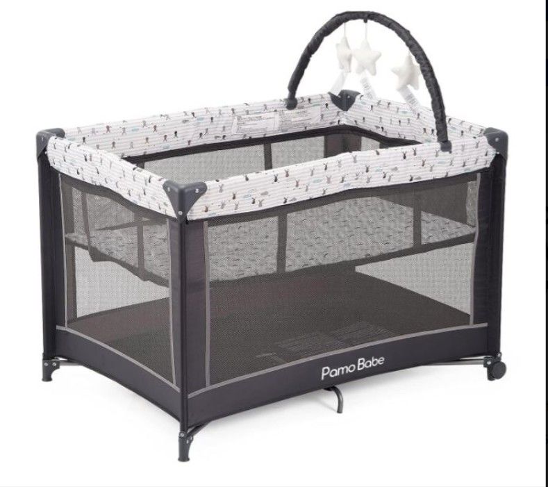 Pamo Babe Portable Playard with Padded Mat & Toy Bar – Foldable Baby Crib
