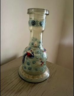 Vintage Hand-Painted Glass vase - Peacock & Floral Enamel Motif - Bell Shape Shisha Vase