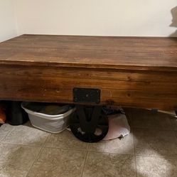 Rustic Industrial Coffee Table – Solid Wood + Metal Wheels