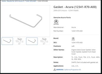 OEM BRAND NEW Acura tl 2009-2015 gasket 12341-R70-A00 and 12351-R70-A00 and