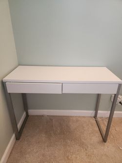 Modern White Vanity Desk with 2 Drawers – Slim Console Table / Writing Desk