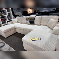 Ivory corduroy Double chaise sectional couch sofa
