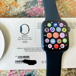 Used Like New - Apple Watch Series 7 Blue Aluminum case Abyss Blue sports band 45MM + Charger + Box + All paperwork Model # MKN83LL/A  Meet up at Cant