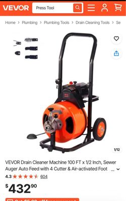 VEVOR 100-FT ELECTRIC DRAIN CLEANER — NEW, NEVER USED — $295