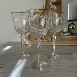 Set Of 3 Antique Crystal Wine Glasses 