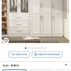 FAMAPY Large Armoire Wardrobe Closet System with Drawers & Hanging Rods, Wardrobe Armoire with Gold Metal Handles, Closet Organizer System White (79.3