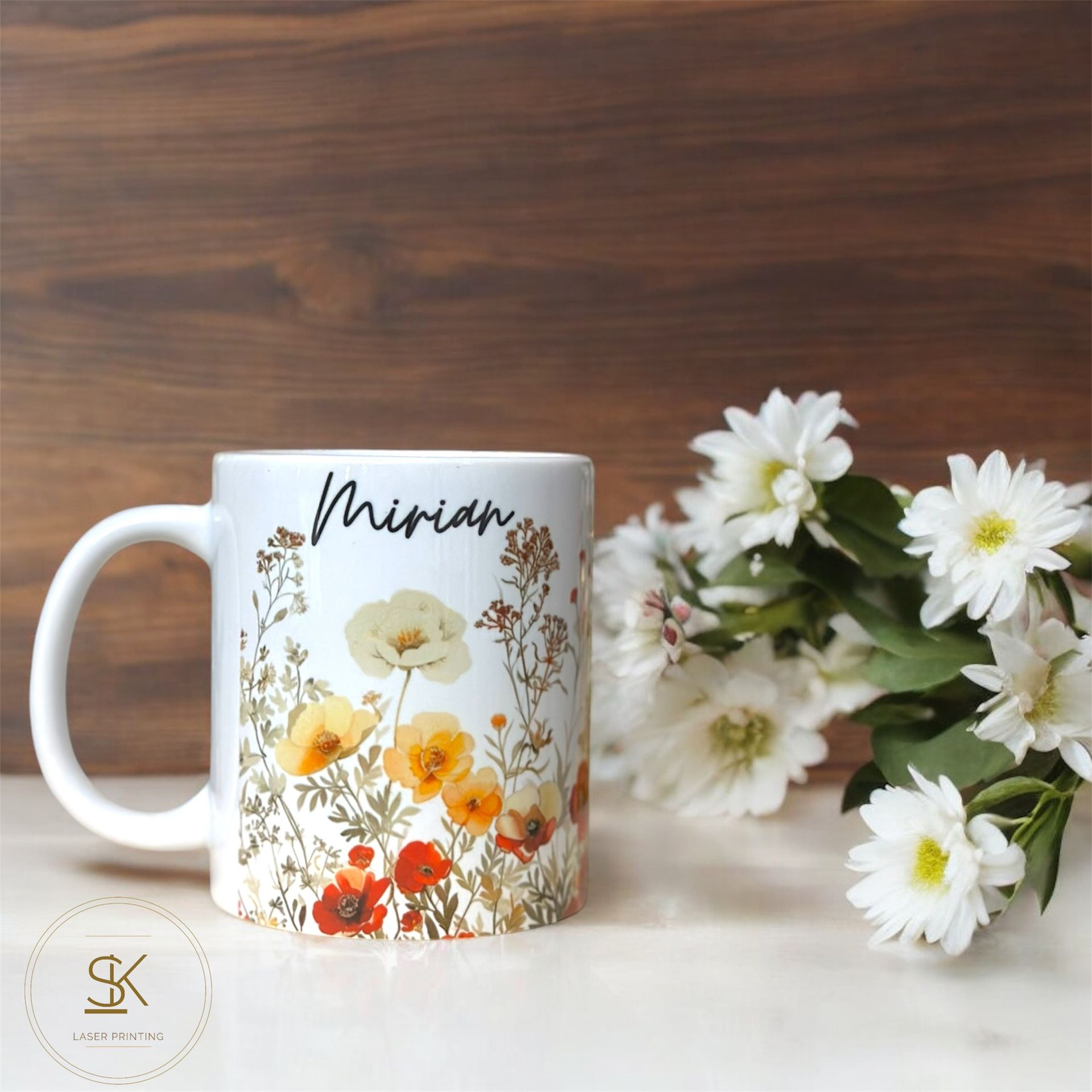“Floral Engraved Mug - Elegant & Personalized | SK Laser Printing”