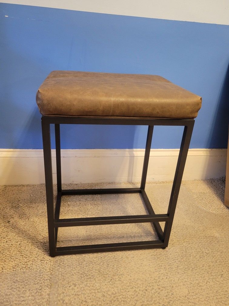 Bar Stool with Brown Leather Cushion and Black Metal Base