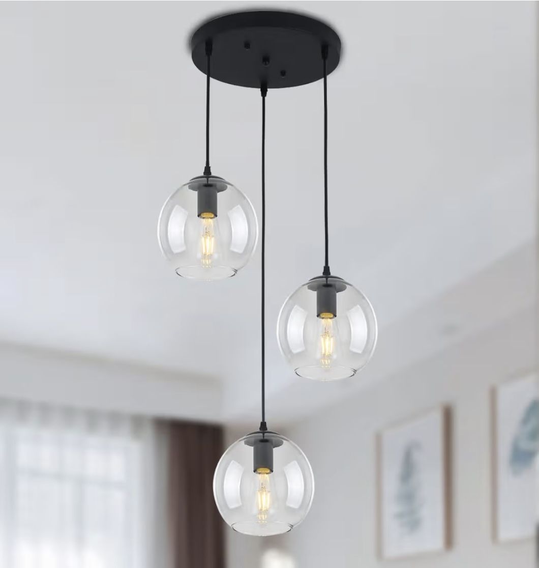 3 Lights Hanging Pendent Ceiling Chandelier, Mid Century Modern Industrial Farmhouse Kitchen Light with Clear Glass Shades