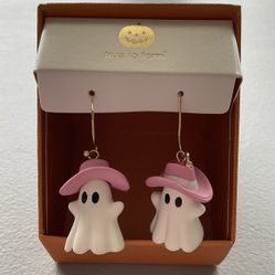 True To Form Cowgirl Pink Hat Ghost Dangle Earrings Halloween Costume Jewelry
