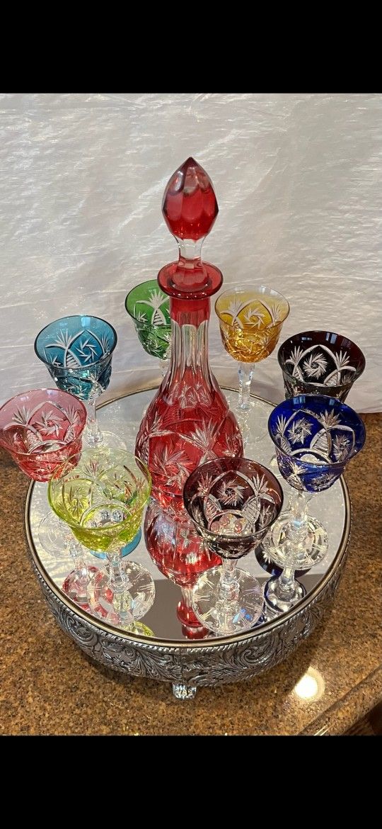 Beautiful German Cut Glass Set 8 Cordial Glasses Plus Matching Decanter
