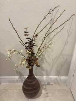 Rustic Wood Vase with Artificial Floral Arrangement – Modern Home Décor