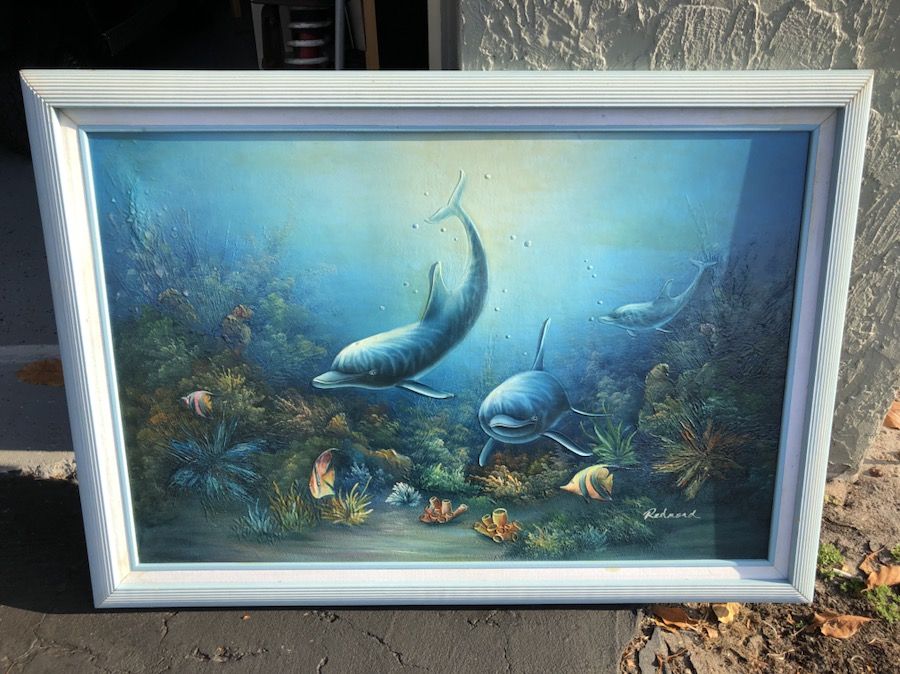 Charles Redmond Benolt tropical fish dolphin oil painting 35” x 23”