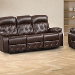 Brand New Brown Leather Plush 3pc Reclining Sofa Set 