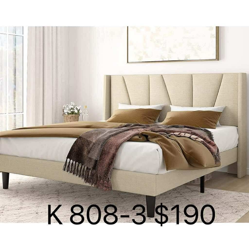 King Size Upholstered Platform Bed Frame with Wingback & Geometric Headboard, Light Beige(808-3)