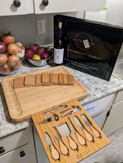 Premium Charcuterie Cheeseboard w Knife Set, Wine Opener & Stopper, Serving Forks, Organic Bamboo Serving Board & 6 Coasters