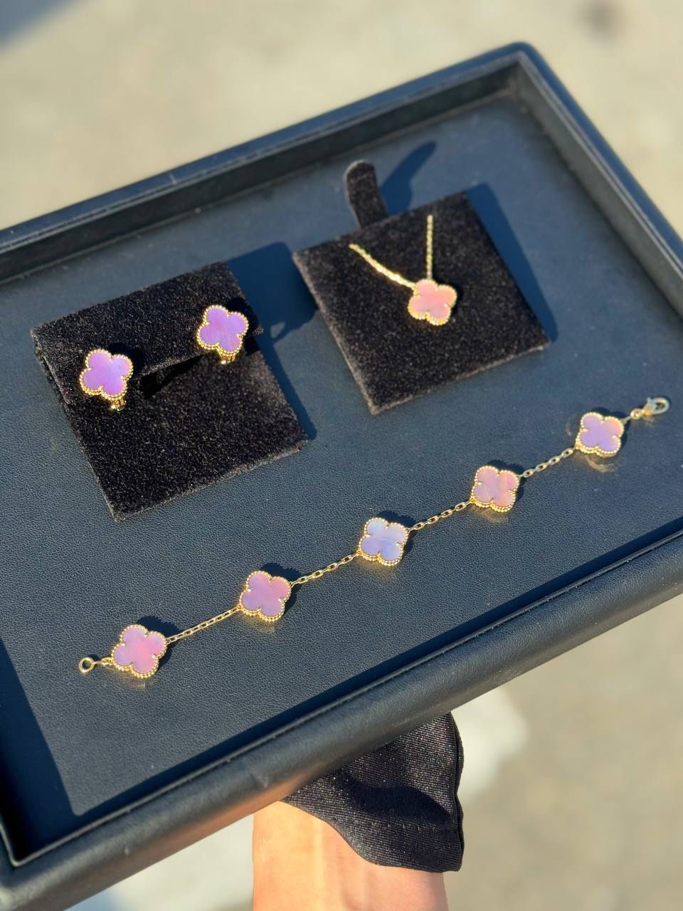 18k yellow gold Van cleef style pink MOP clover shape stone bracelet necklace earrings set