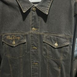  Big Dogs black denim jacket with custom embossed buttons