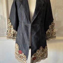 Women’s Chico’s Lace And Embroidered Trim Denim Blazer 