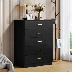 Dresser for Bedroom with 5 Drawers, Wooden Chest of Drawers, Storage Organizer Unit Dressers for Bedroom, Living Room, Hallway, Nursery (Black, 5 Dr